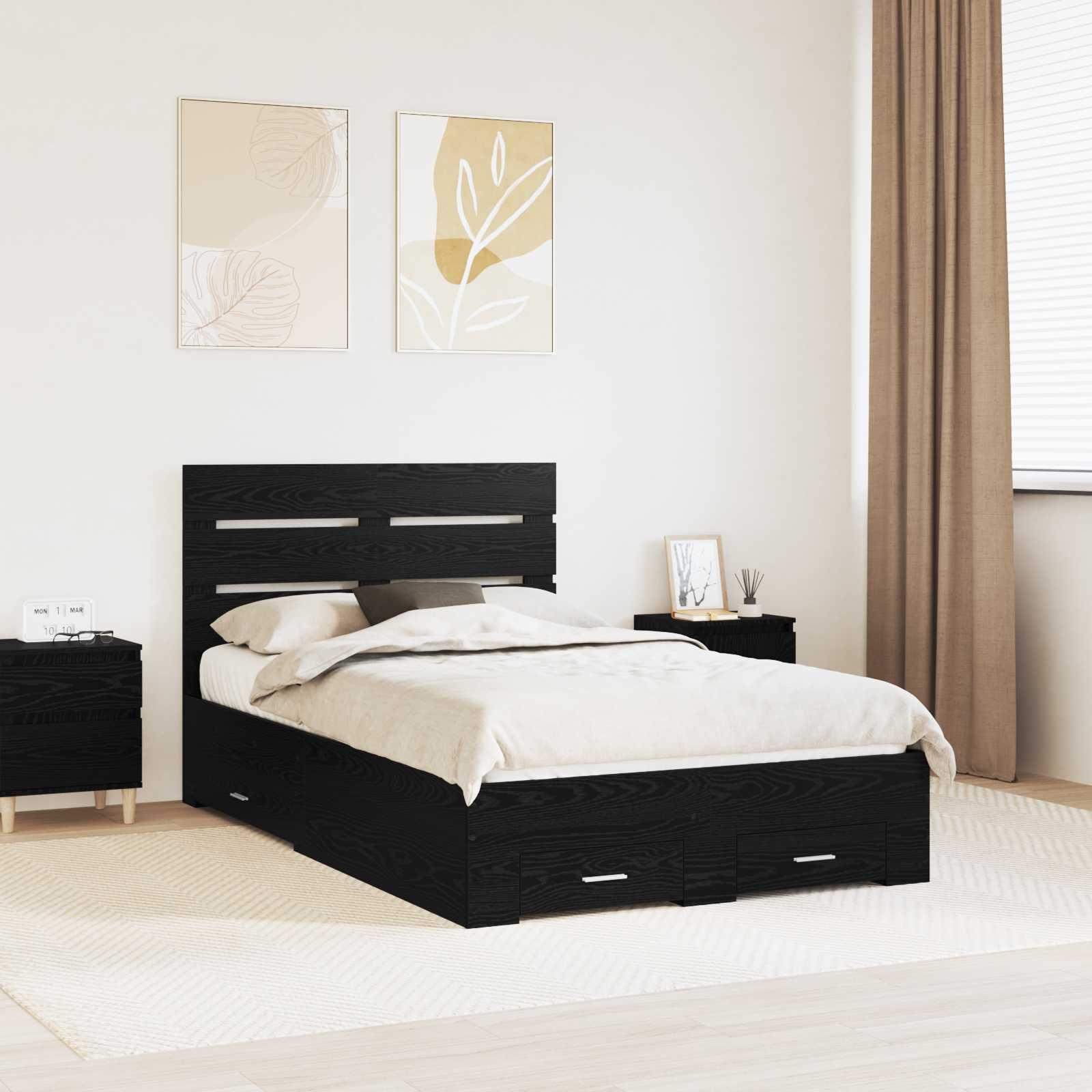 Sengestel med skuffe Sort eg 135 x 190 cm Konstrueret træ
