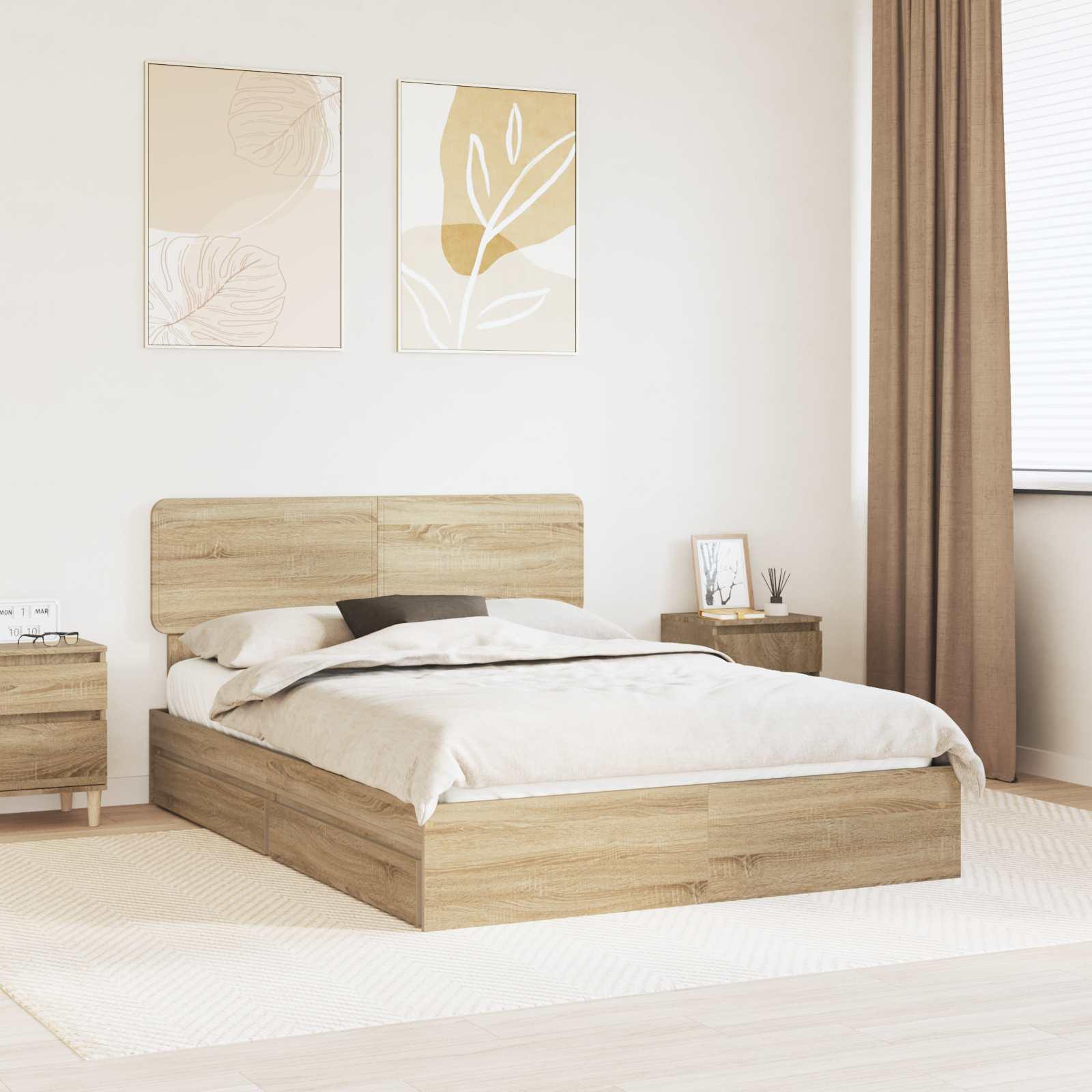Opbevaringsseng 140 x 200 cm - Sonoma eg, konstrueret træ