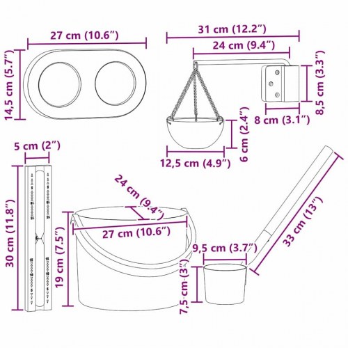 Sauna spand sæt 5 stk Sort 8.5 x 8 x 4.5 cm Aluminium