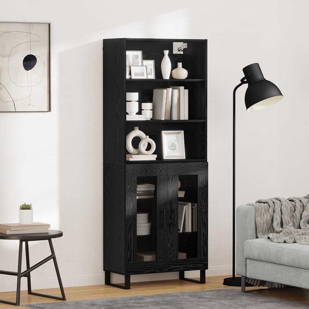 Højskab 69,5X34X180 Cm Konstrueret Træ - Sort eg / 2 glaslåger