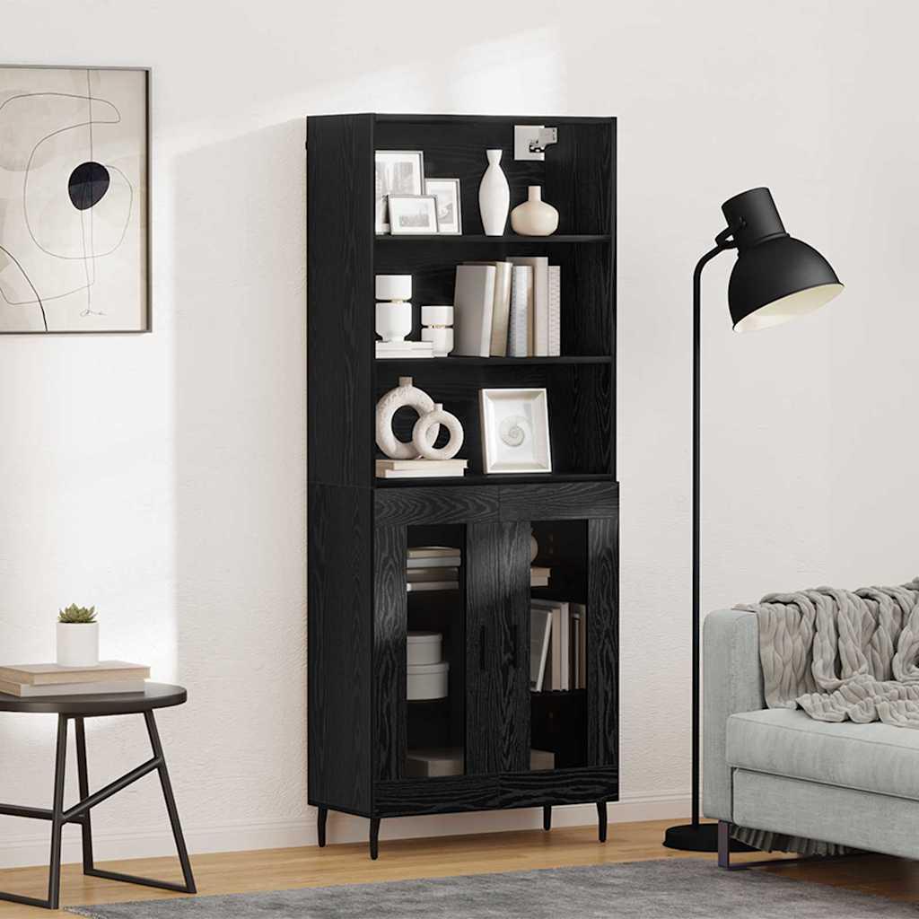 Højskab 69,5X34X180 Cm Konstrueret Træ - Sort eg / 2 glaslåger
