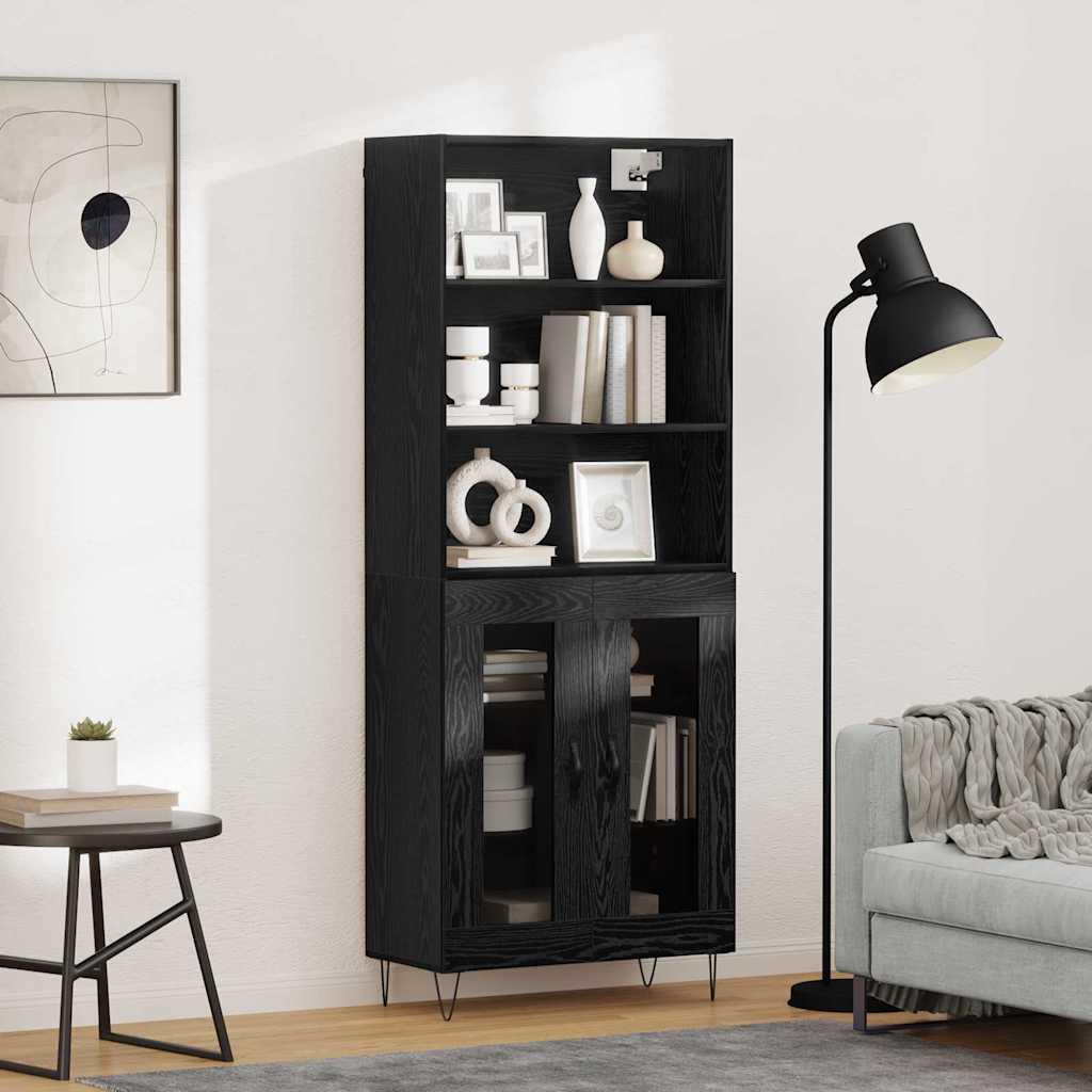 Højskab 69,5X34X180 Cm Konstrueret Træ - Sort eg / 2 glaslåger
