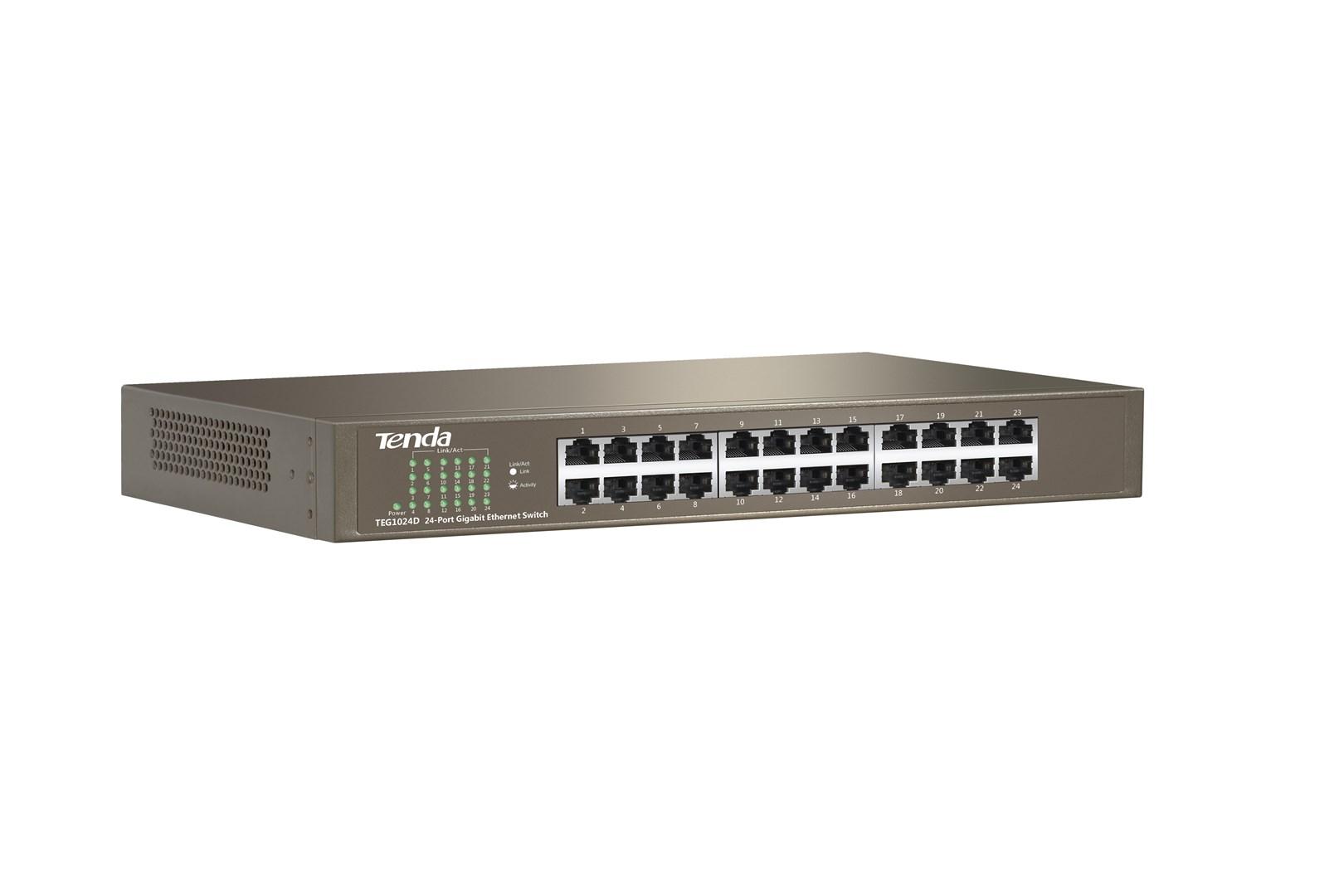 Netværksswitch gigabit 24‑port - Tenda, unmanaged, blå