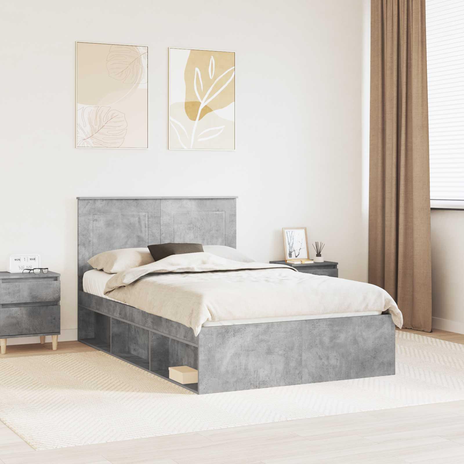 Sengestel med hovedgÃ¦rde Beton GrÃ¥ 135 x 190 cm Massiv fyrretrÃ¦