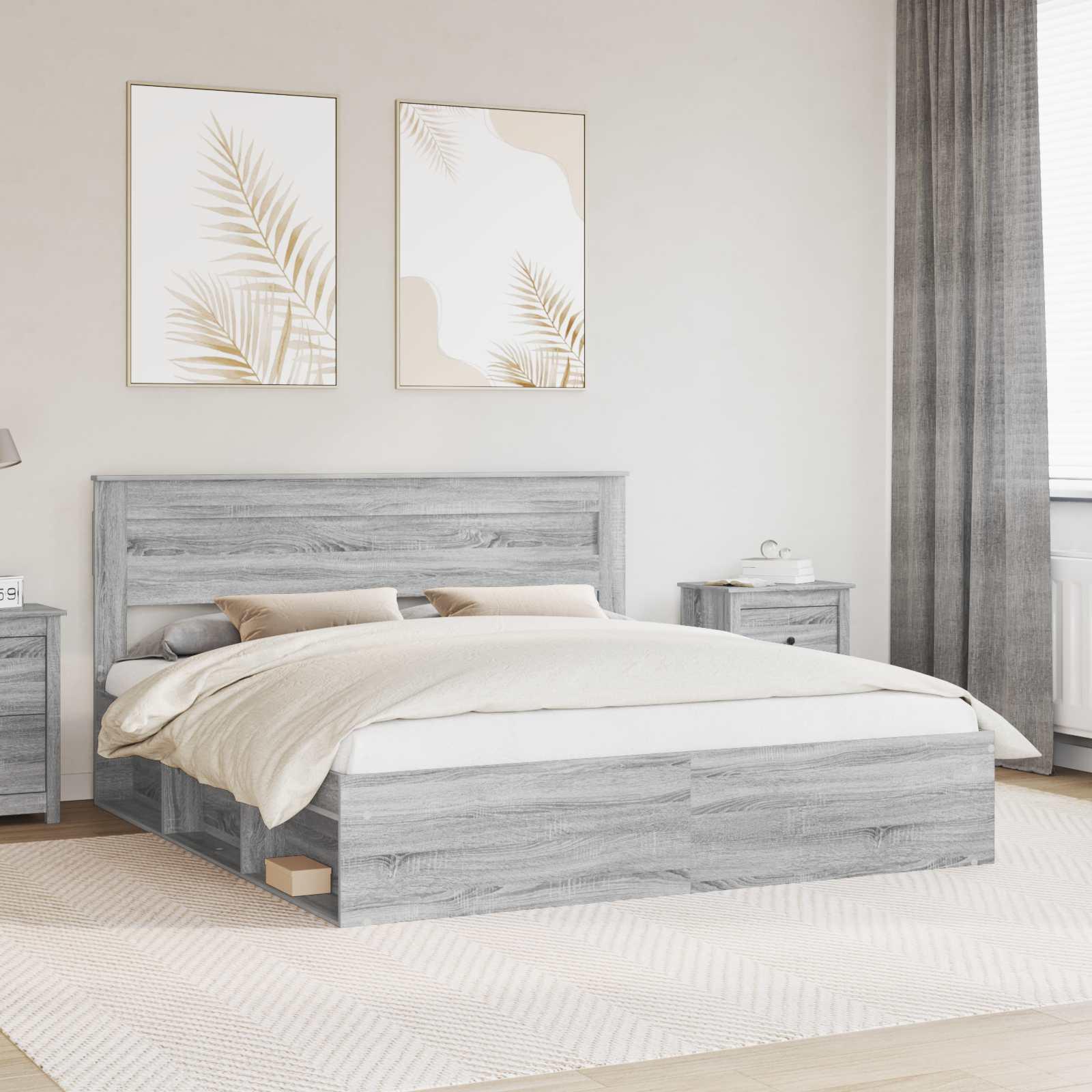 Sengestel 200 x 200 cm - grå sonoma med hovedgærde i massivt fyrretræ