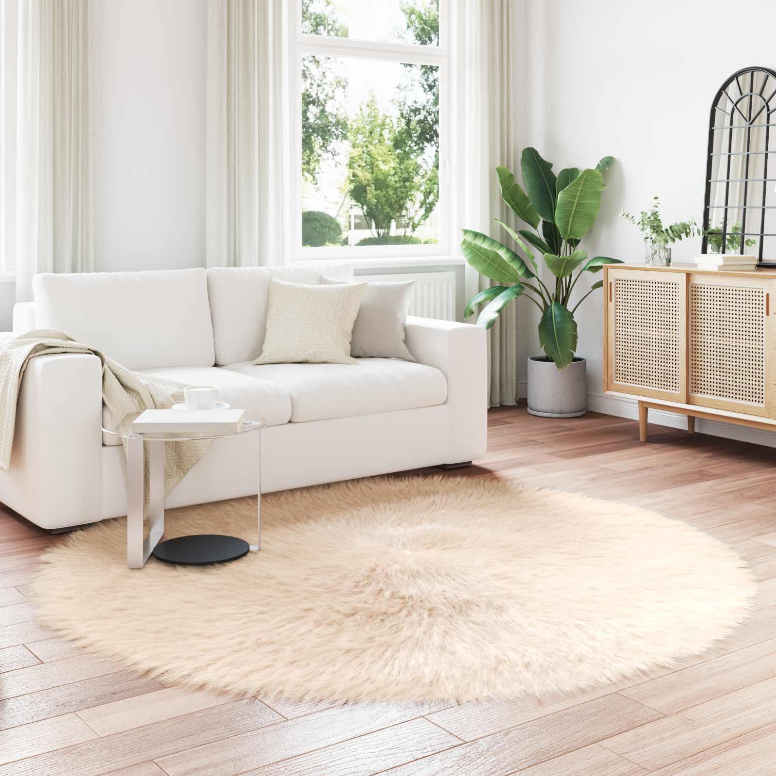 Rundt fuskobbel lammeskindstæppe - beige Ø 200 cm, polyester