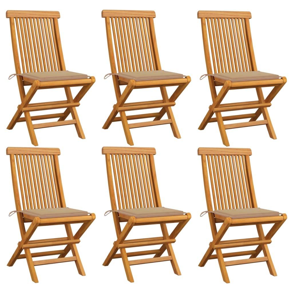 Havestole med beige hynder 6 stk. massivt teaktræ billede