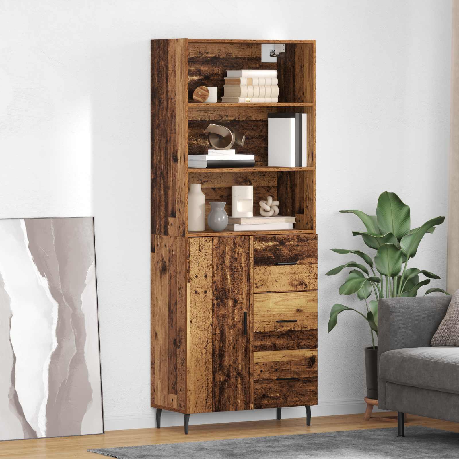Highboard med skuffe 2 stk Gammelt træ Ingeniørtræ og glas