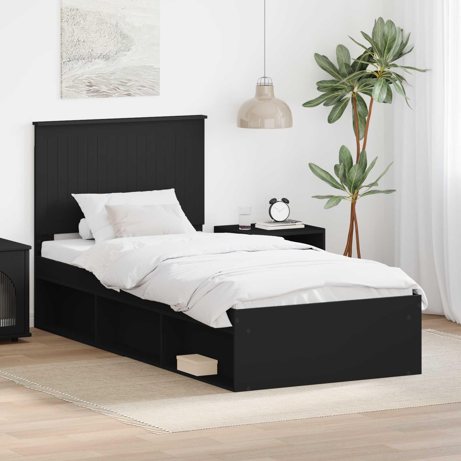 Sengestel med hovedgærde Sort 90 x 190 cm Massiv fyrretræ