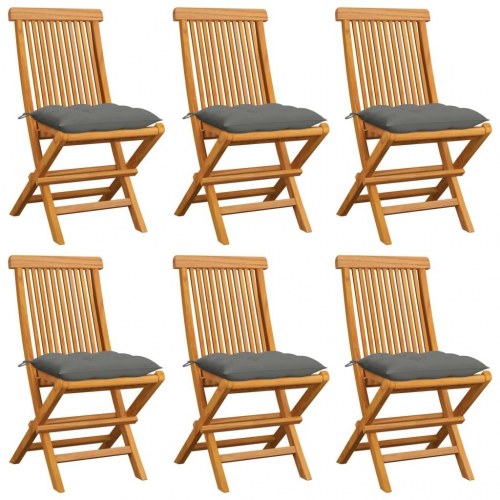Foldbare havestole i massivt teaktræ med grå hynder - 6 stk.