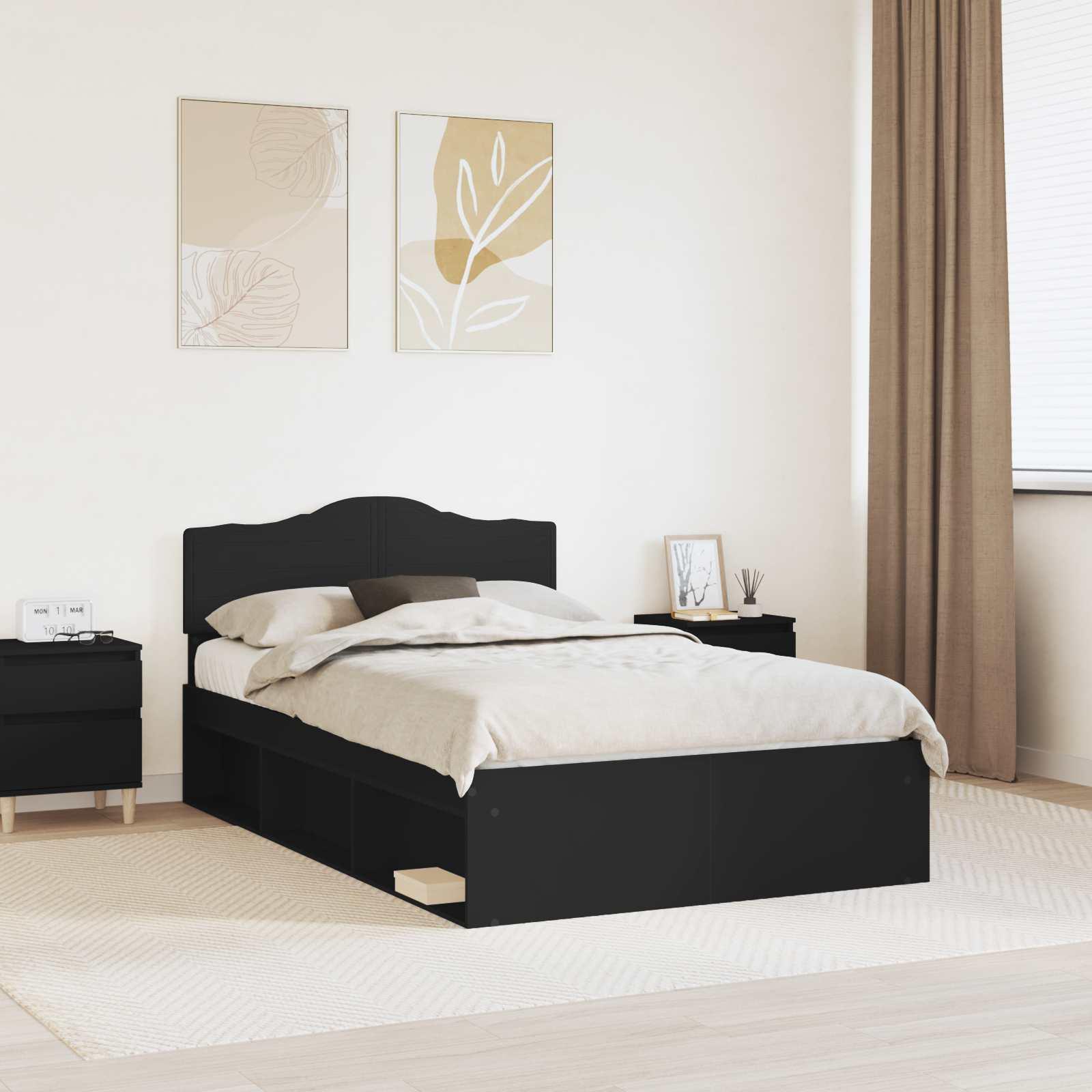 Sengestel med hovedgærde Sort 135 x 190 cm Massiv fyrretræ