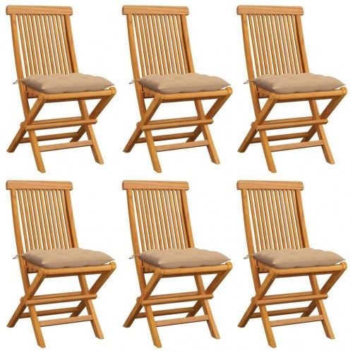 Foldbare havestole i massivt teaktræ med beige hynder - 6 stk.