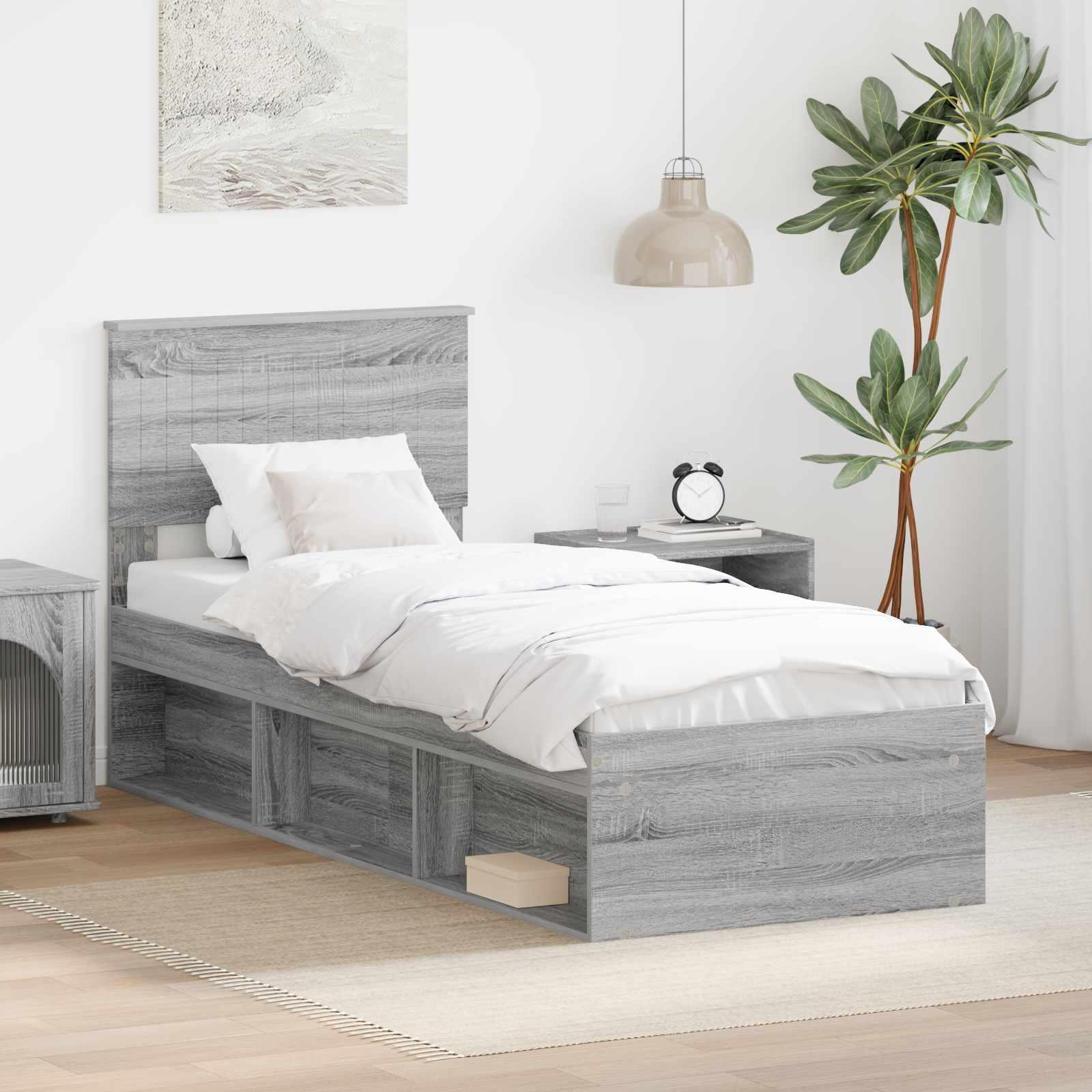 Sengestel Med Hovedgærde Massiv Fyrretræ - Grå sonoma-eg / 75 x 190 cm