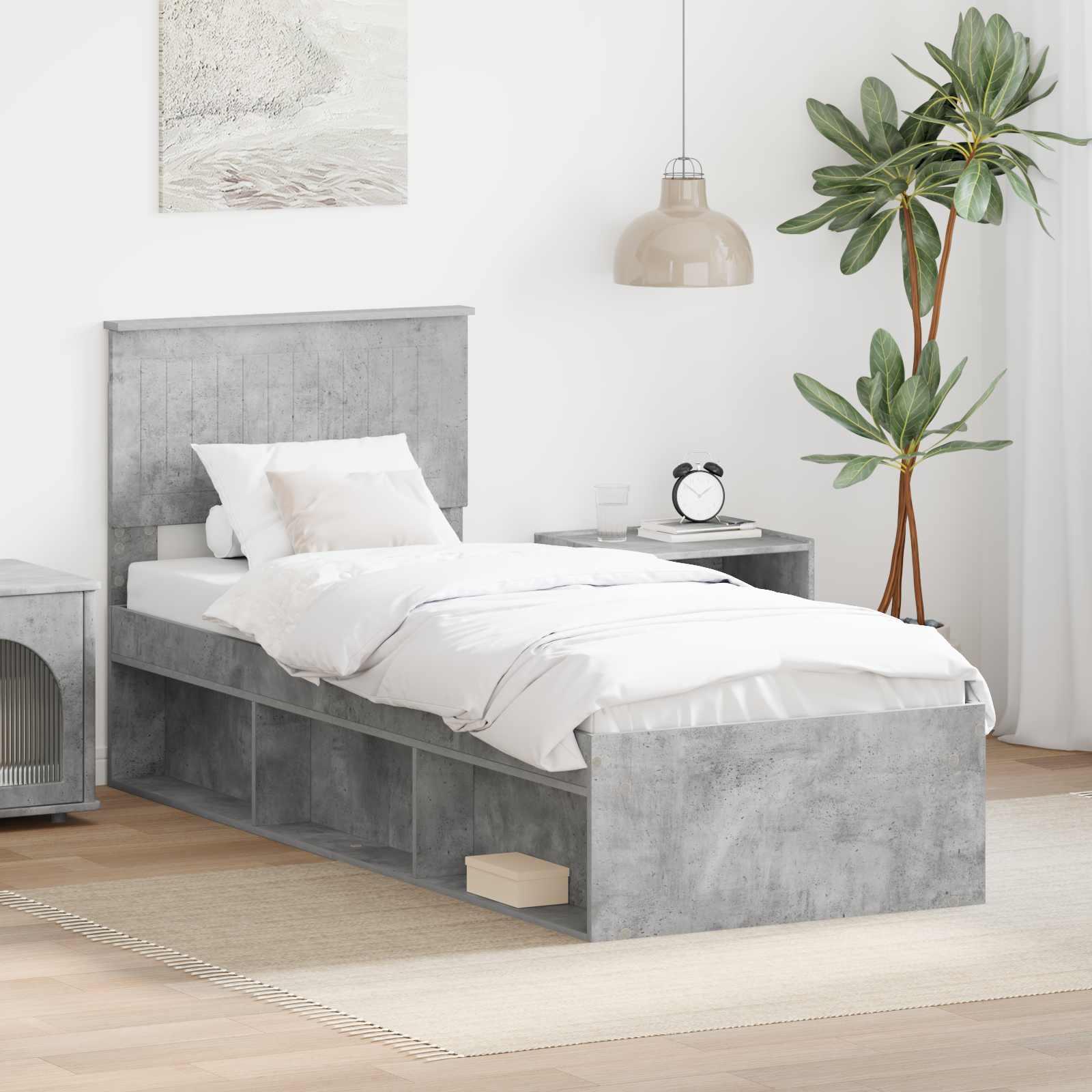 Sengestel Med Hovedgærde Massiv Fyrretræ - Betongrå / 75 x 190 cm