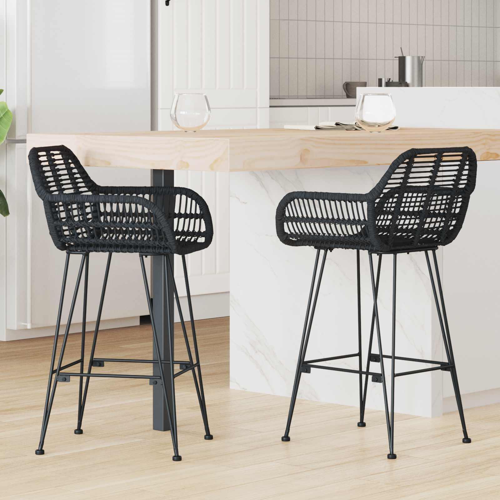 Barstol 2 stk Sort 55 x 52 x 92 cm Rattan og Jern