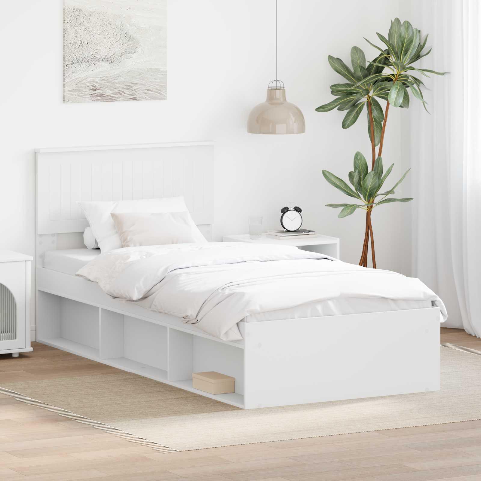 Sengestel Med Hovedgærde Massiv Fyrretræ - Hvid / 90 x 200 cm