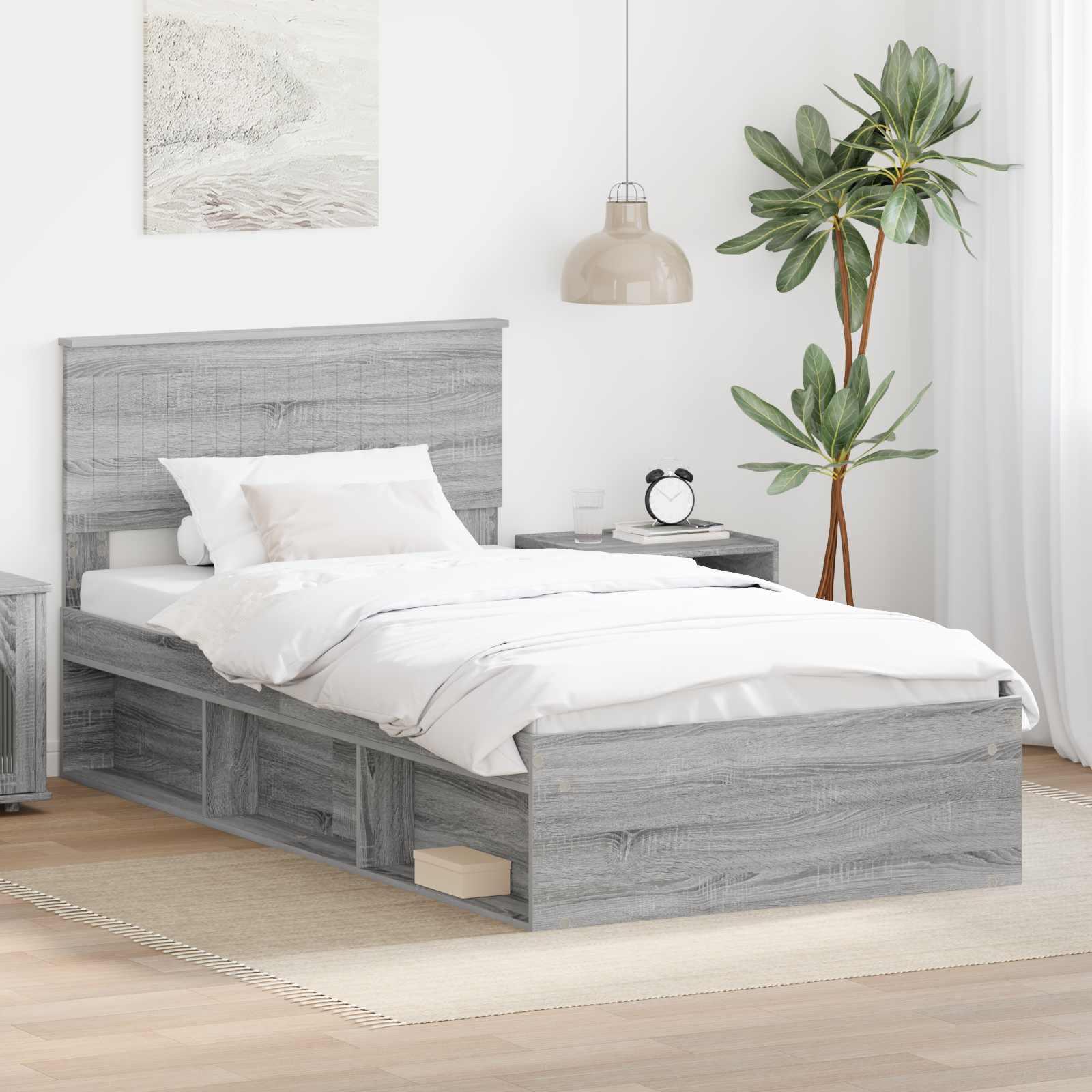 Sengestel Med Hovedgærde Massiv Fyrretræ - Grå sonoma-eg / 100 x 200 cm