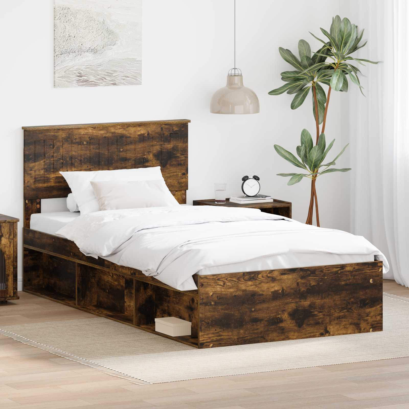 Sengestel Med Hovedgærde Massiv Fyrretræ - Røget eg / 100 x 200 cm