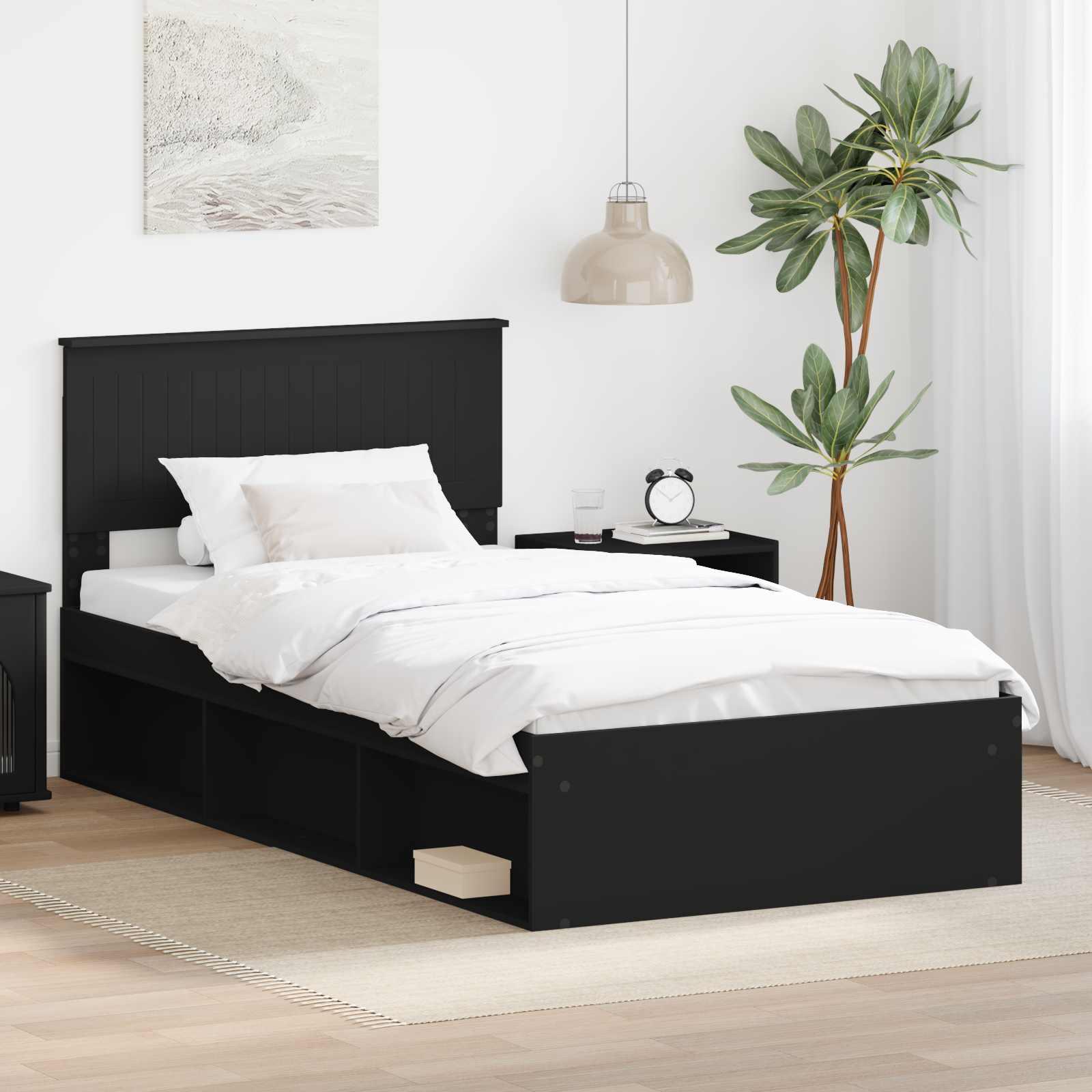 Sengestel Med Hovedgærde Massiv Fyrretræ - Sort / 100 x 200 cm