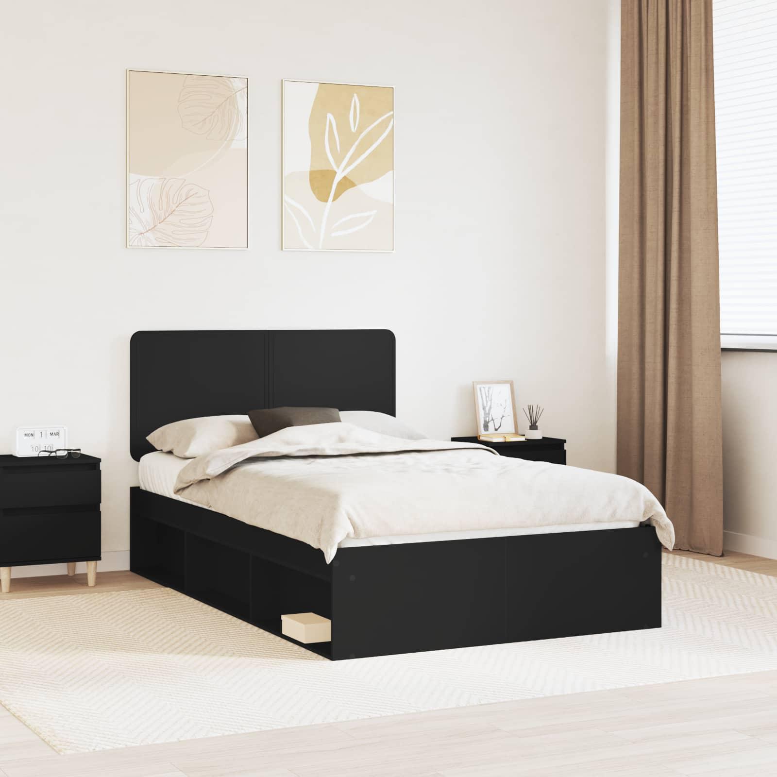 Sengestel med hovedgærde Sort 135 x 190 cm Massiv fyrretræ