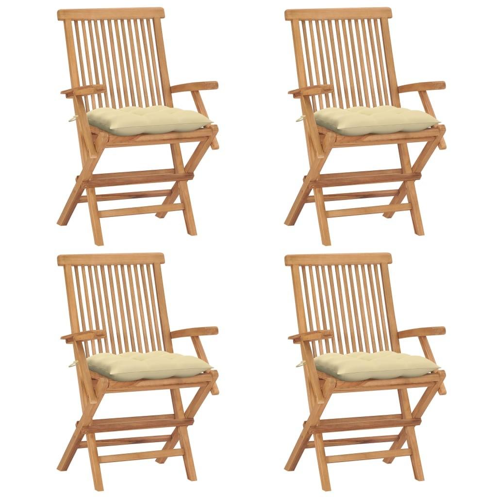 Havestole med cremefarvede hynder 4 stk. massivt teaktræ