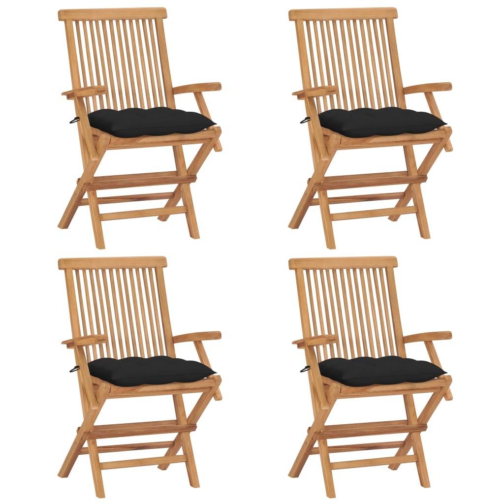 Havestole med sorte hynder 4 stk. massivt teaktræ