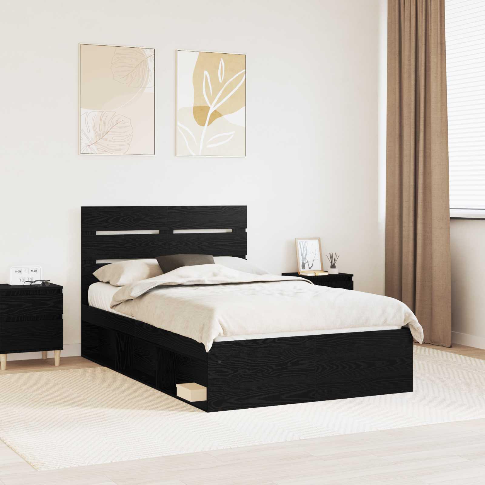 Sengestel Med Hovedgærde Massiv Fyrretræ - Sort eg / 120 x 190 cm