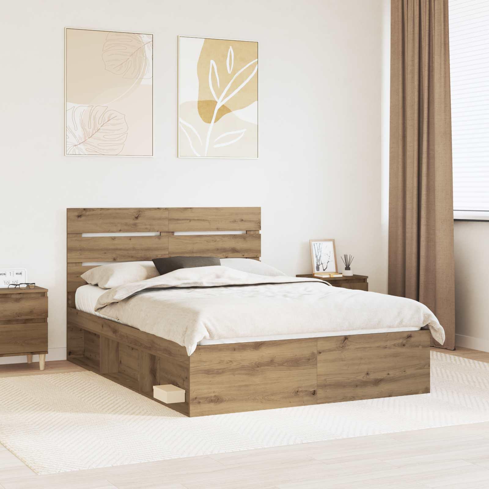 Sengestel i artisan eg 140 x 190 cm - med hovedgærde i massiv fyr