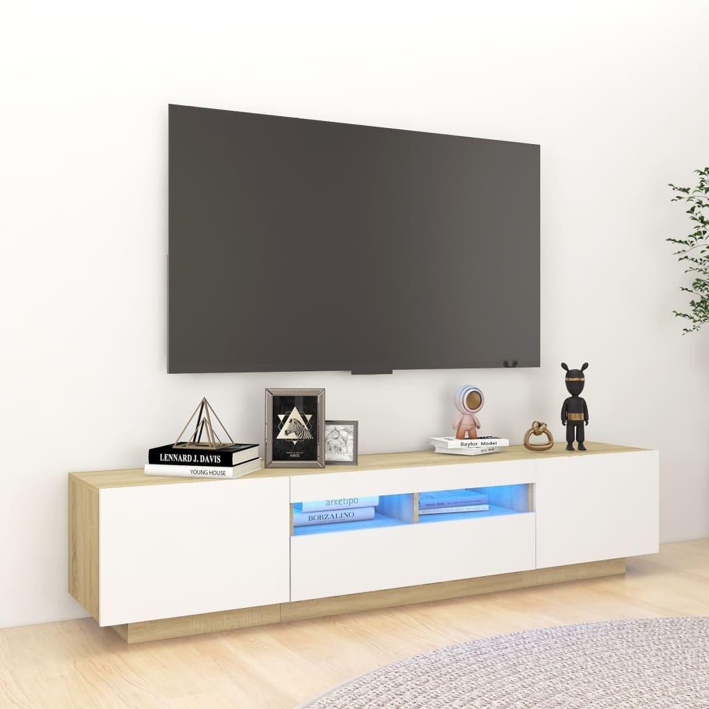 Tv-skab med LED-lys 180x35x40 cm hvid og sonoma-eg