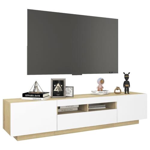 Tv-skab med LED-lys 180x35x40 cm hvid og sonoma-eg