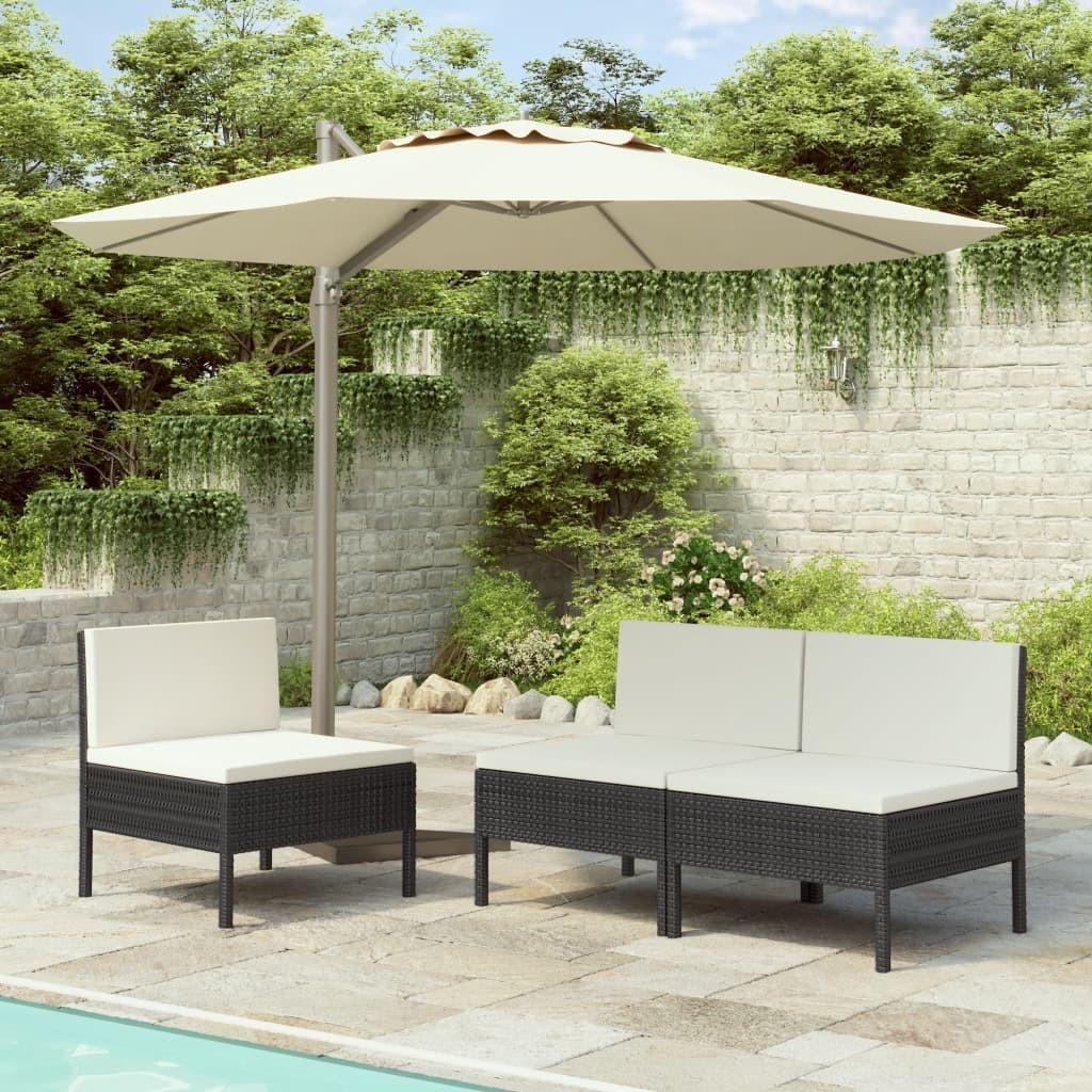 Havestole 3 stk. med hynder polyrattan sort