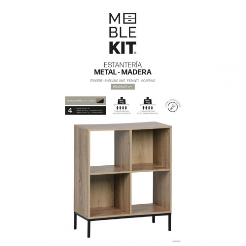Reol med 4 rum MobleKit - brun/sort, træ og metal, 60 × 29 × 72 cm