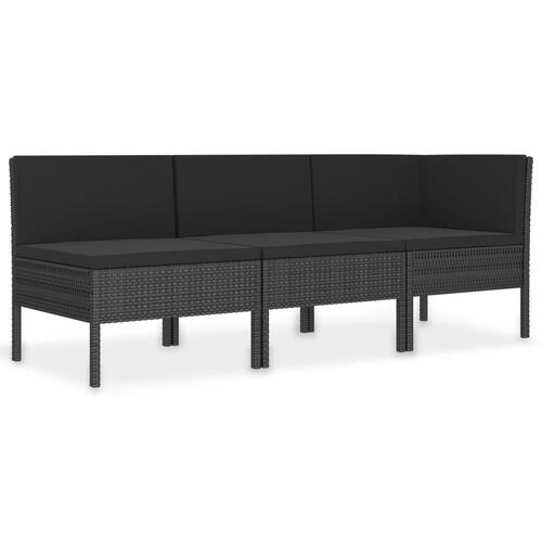 Loungesæt til haven 3 dele med hynder polyrattan sort