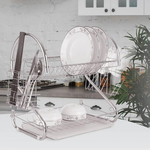 Opvaskestativ 38 cm Maestro – sølv, dobbelt med drypbakke