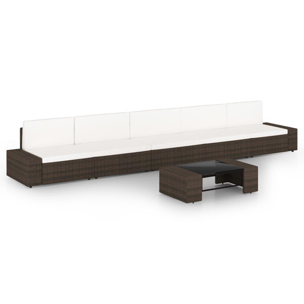 Loungesæt til haven med hynder 6 dele polyrattan brun billede