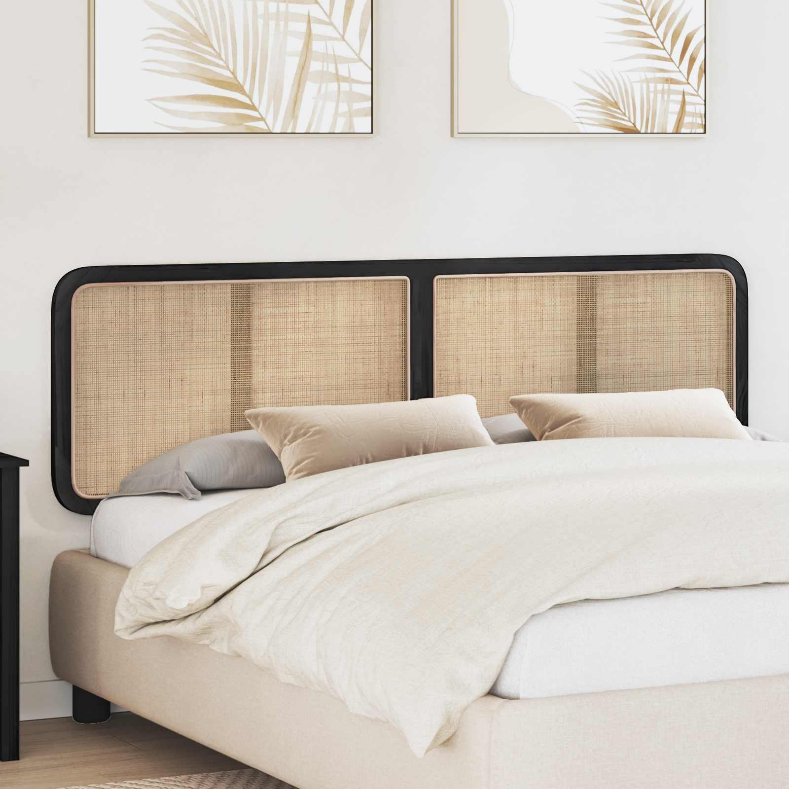 Sengegavl i rattan og massivt fyrretræ - sort, 180 × 55 × 3 cm
