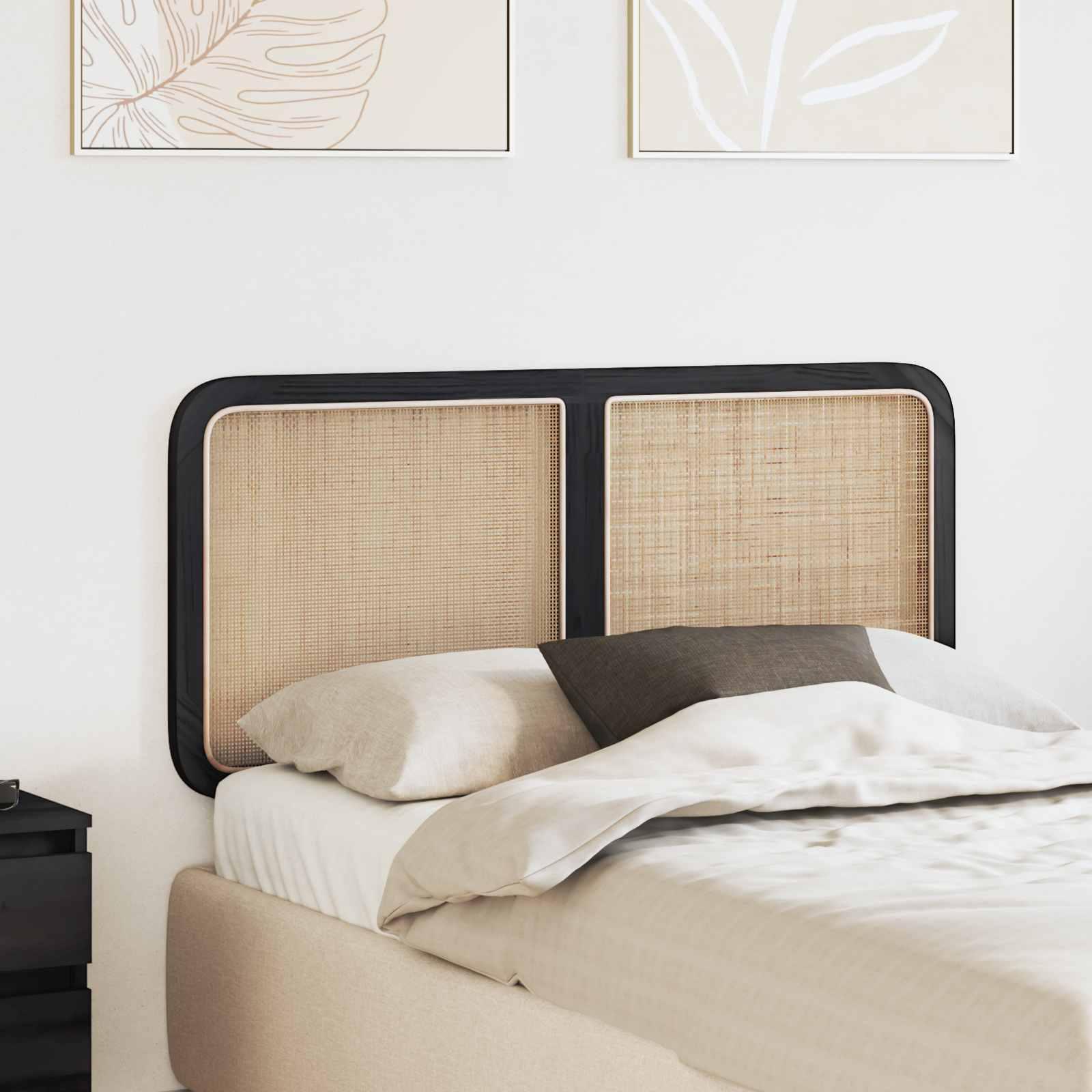 Sengegavl i rattan og massivt fyrretræ - sort, 120 × 55 cm