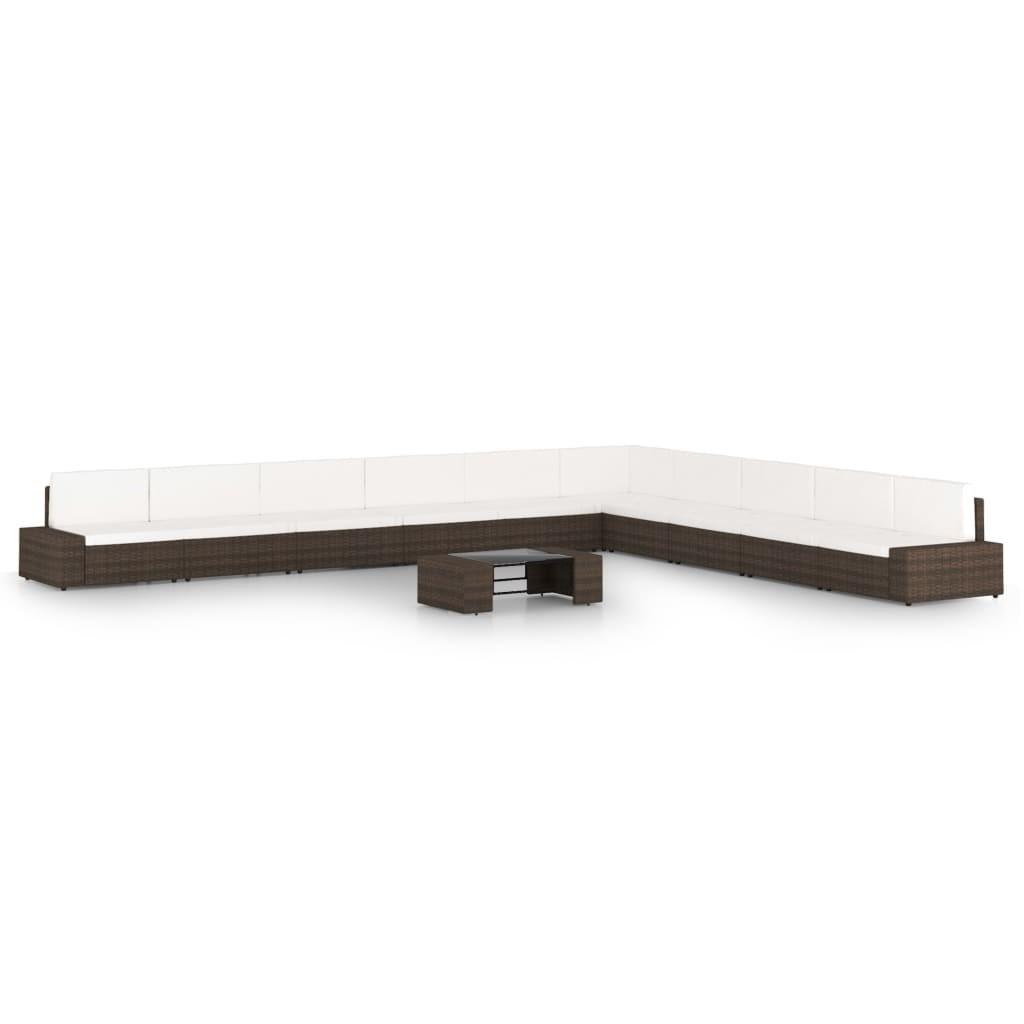 Loungesæt til haven med hynder 11 dele polyrattan brun billede