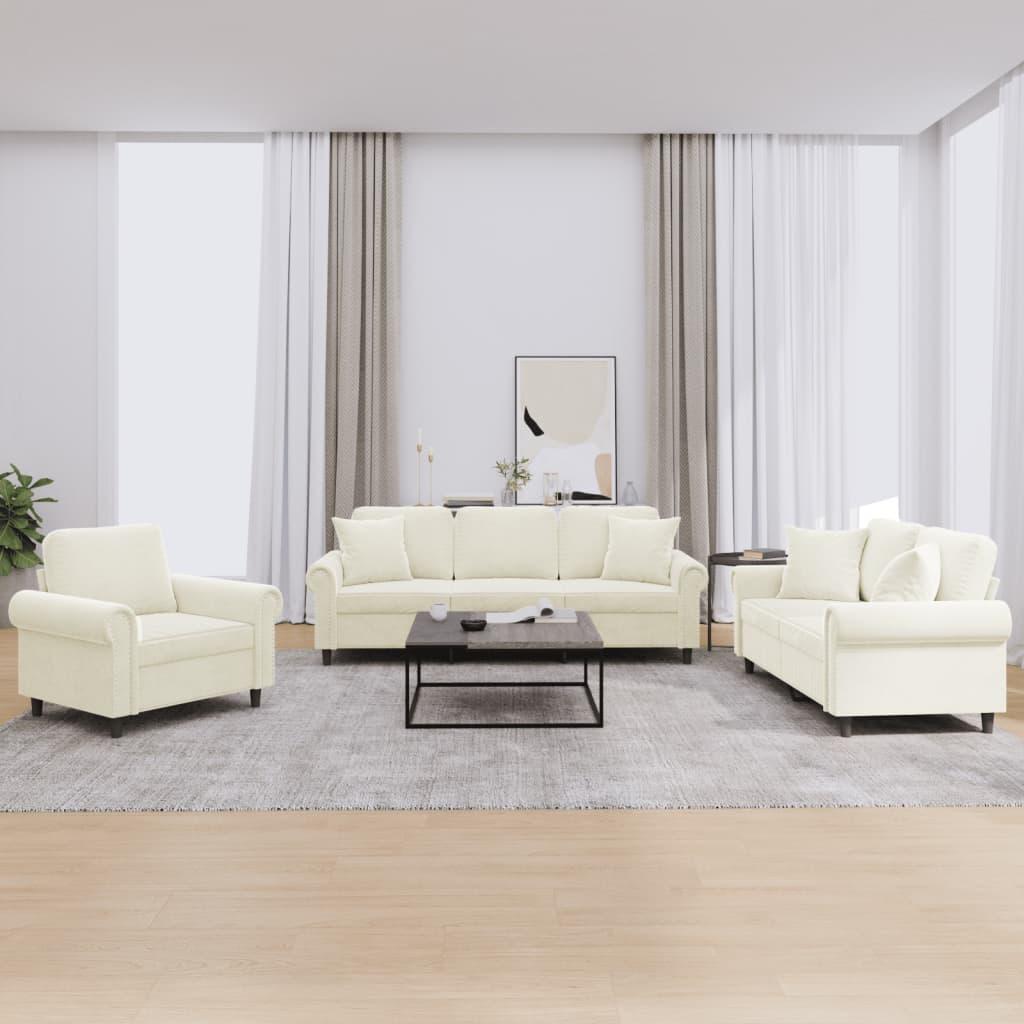 Sofasæt 3 dele med puder velour cremefarvet