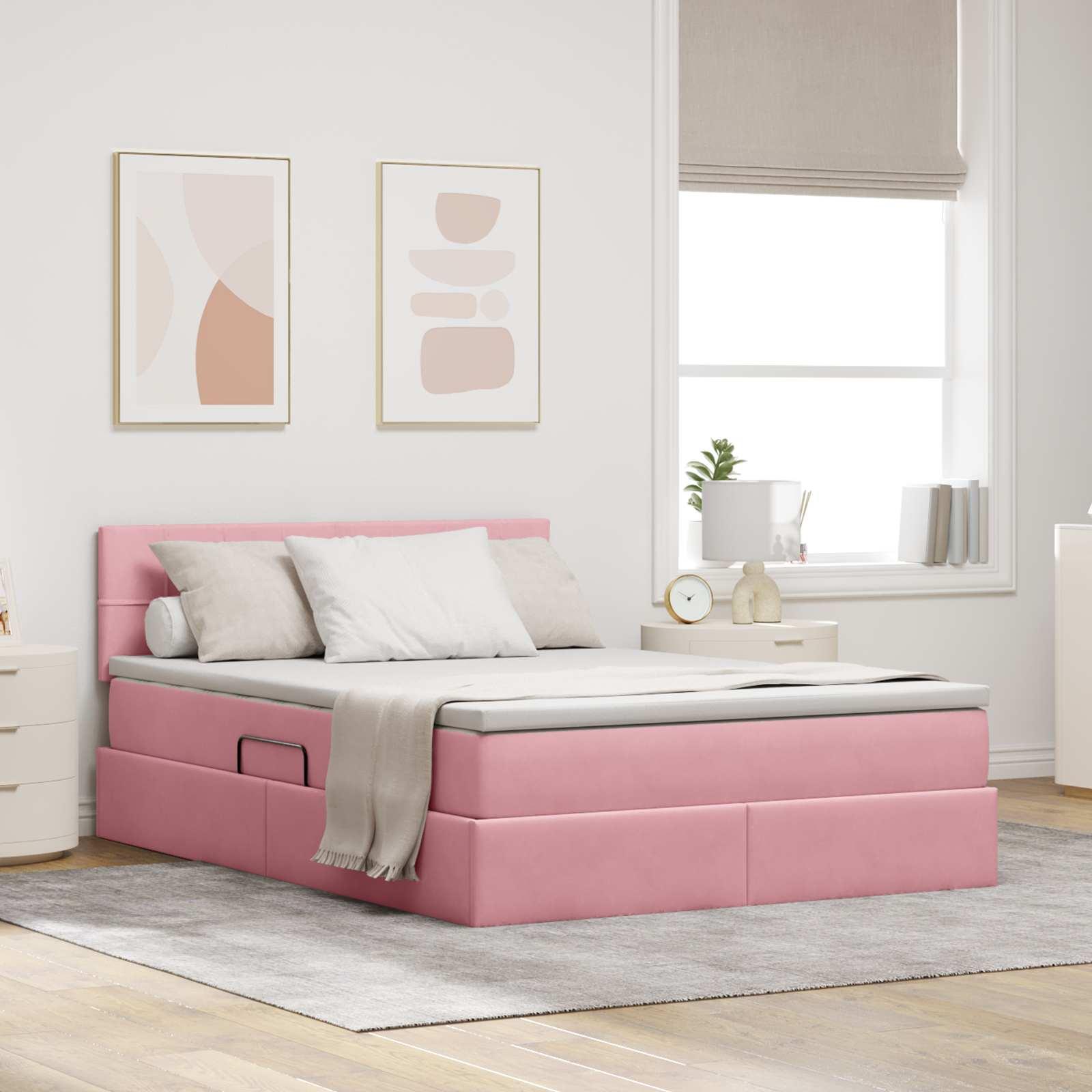 Seng Med Opbevaring Og Led Med Madras Fløjl - Lyserød / 140 x 190 cm / Block med firkanter