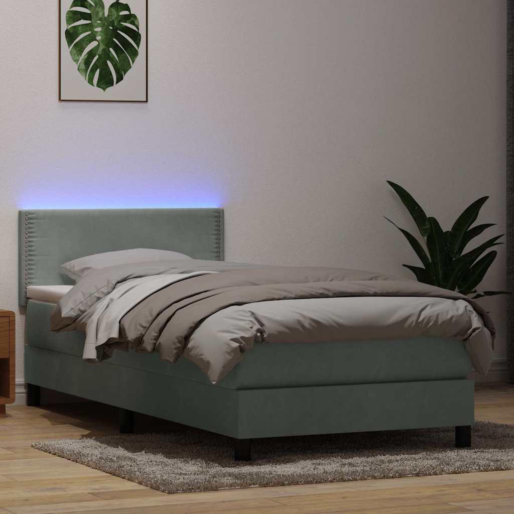 Kontinentalseng med madras og LED-lys lysegrå 90x210 cm fløjl