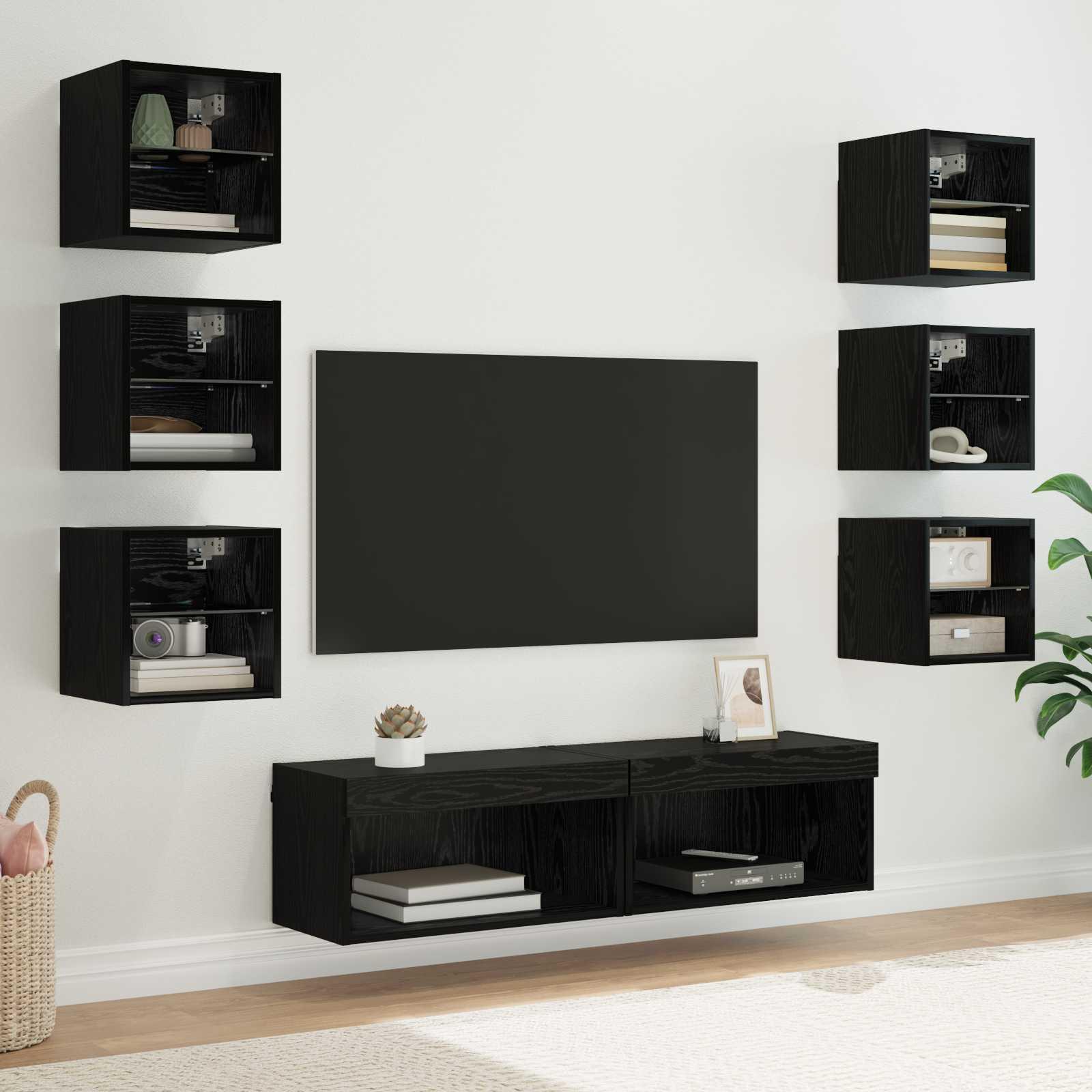 TV-skab med LED -strimmellys med skuffe 8 stk Sort eg Glas