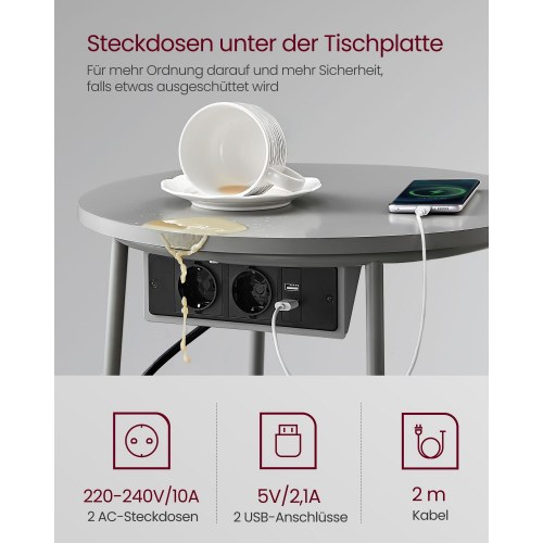 Sofabord rund med opladningsstation – VASAGLE/SONGMICS, grå