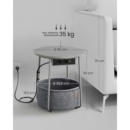 Sofabord rund med opladningsstation – VASAGLE/SONGMICS, grå