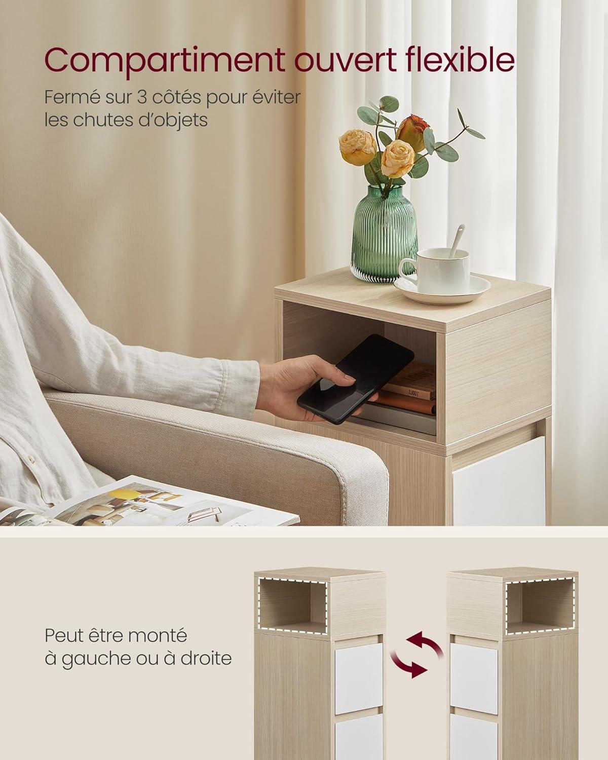 Sengebord smalt Kailyn – 2 skuffer og åbent rum, venstre/højre montering, naturbeige/hvid