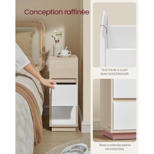 Sengebord smalt Kailyn – 2 skuffer og åbent rum, venstre/højre montering, naturbeige/hvid