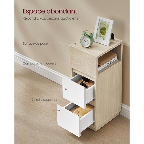 Sengebord smalt Kailyn – 2 skuffer og åbent rum, venstre/højre montering, naturbeige/hvid