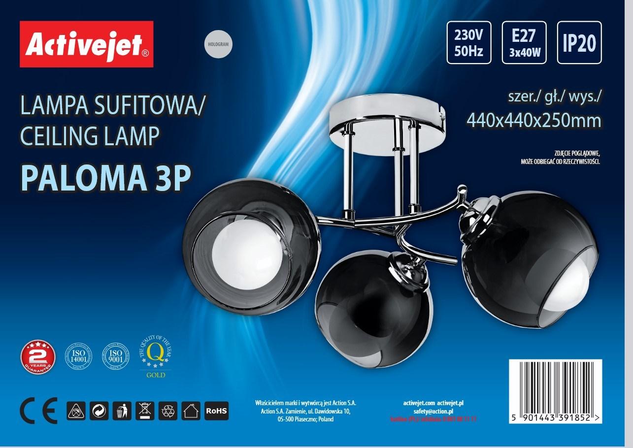 Loftlampe Activejet Paloma 3P - E27, 3×40 W, sølv/sort glas