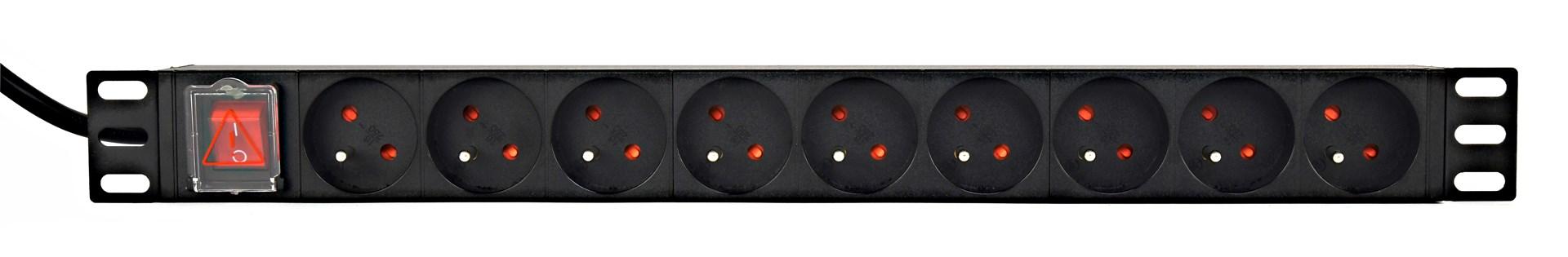 Stikdåse PDU 1U med afbryder – Gembird, 9× Type E, 16 A, C20-stik, 2 m, sort billede