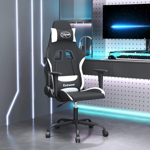 Gamingstol med massagefunktion i stof - sort/hvid, højde- og ryglæn justerbar
